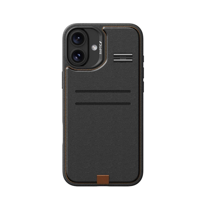The Raptic MagSafe Wallet with Kickstand for iPhone 16, featuring a black textured finish, is designed to hold cards. It includes two card slots, a metallic accent at the top right corner, and supports MagSafe technology. The camera cutout fits two lenses and has a small brown square accent at the bottom center.