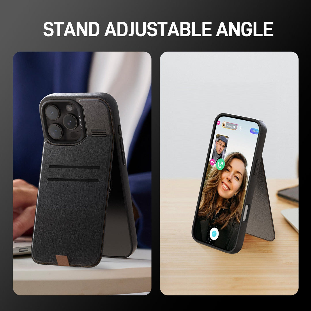 Two images illustrating the functionality of a Raptic MagSafe Wallet with Kickstand for iPhone 16. The left image highlights the back of the case featuring its adjustable kickstand. The right image shows an iPhone 16 engaged in a video call, standing upright on a table, supported by MagSafe technology. Text at the top reads "STAND ADJUSTABLE ANGLE.