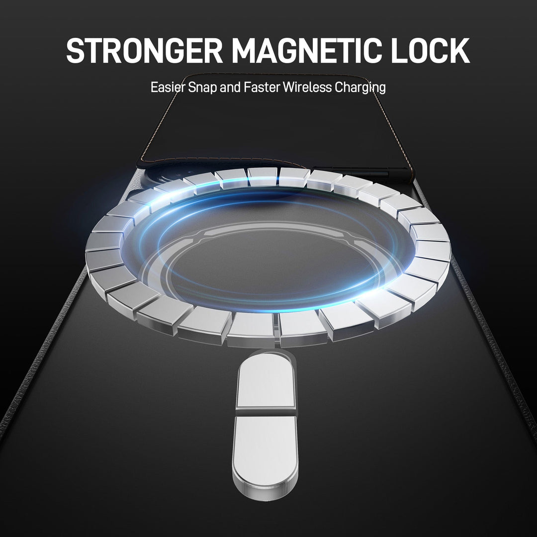 A close-up of the Raptic MagSafe Wallet with Kickstand for iPhone 16 showcases its metallic ring and rectangular shape on the back, designed for a stronger magnetic lock. The text “STRONGER MAGNETIC LOCK” and “Easier Snap and Faster Wireless Charging with MagSafe Technology” are displayed above the image on a black background.