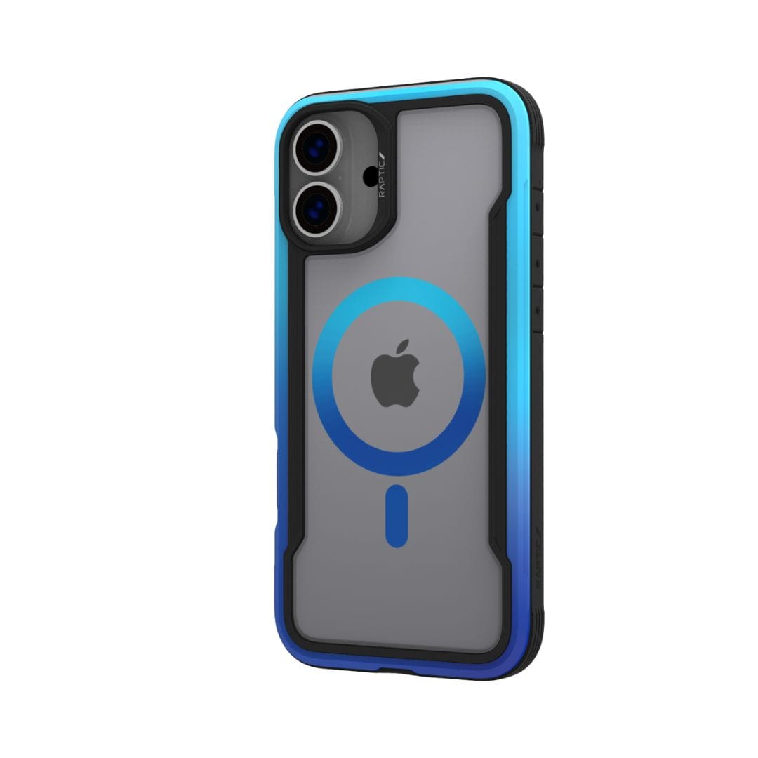 Introducing the Raptic Shield 2.0 MagSafe for iPhone 16 Plus by Raptic: a lightweight smartphone case with a dual camera setup featuring a blue-tinted protective cover. The case includes a clear back that showcases the Apple logo and an IML Process MagSafe Ring for precise alignment. The edges display a stunning blue gradient design, while the camera module is accentuated with a sleek black border.