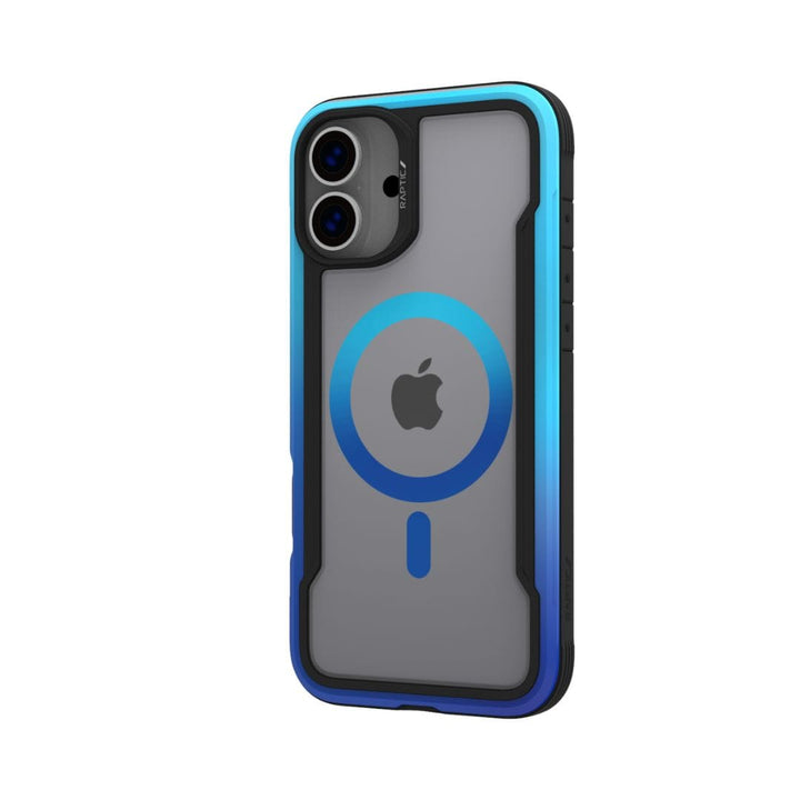 Introducing the Raptic Shield 2.0 MagSafe for iPhone 16 Plus by Raptic: a lightweight smartphone case with a dual camera setup featuring a blue-tinted protective cover. The case includes a clear back that showcases the Apple logo and an IML Process MagSafe Ring for precise alignment. The edges display a stunning blue gradient design, while the camera module is accentuated with a sleek black border.