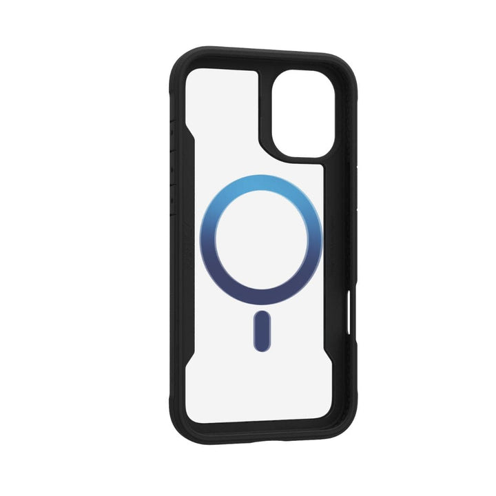 The Raptic Shield 2.0 MagSafe for iPhone 16 Plus by Raptic is a lightweight smartphone case with a black bumper and a transparent back, featuring an IML Process MagSafe Ring. The blue circular symbol resembles a ring with a small vertical line extending from its bottom, indicating compatibility with wireless charging or magnetic accessories.