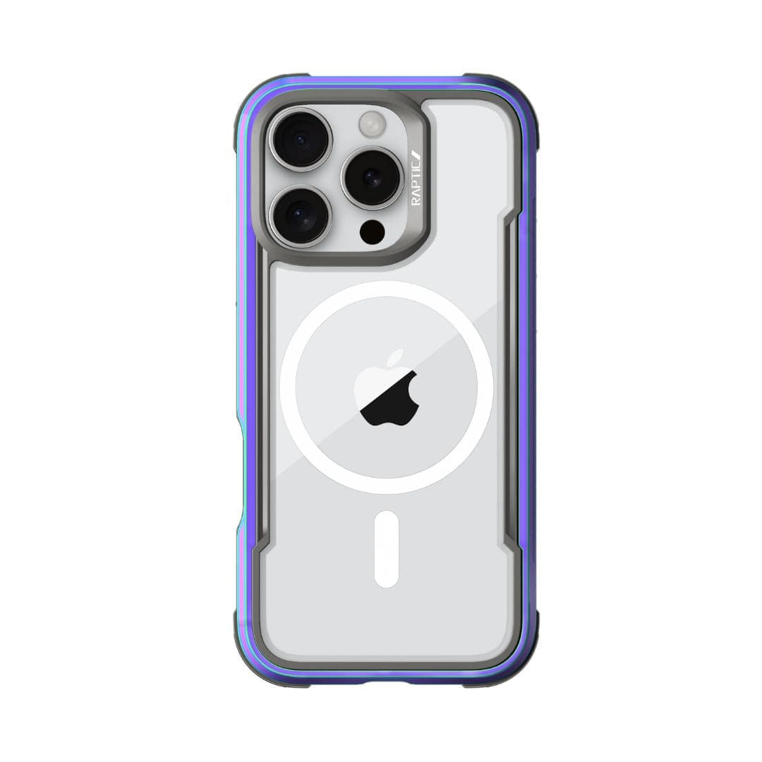 A close-up image of a Raptic Shield MagSafe Case for iPhone 16 Pro with a clear case on it. The smartphone features three camera lenses and flash on the upper left corner. The transparent case reveals the Apple logo and a circular white MagSafe indicator in the center, ensuring drop protection and wireless charging compatibility.