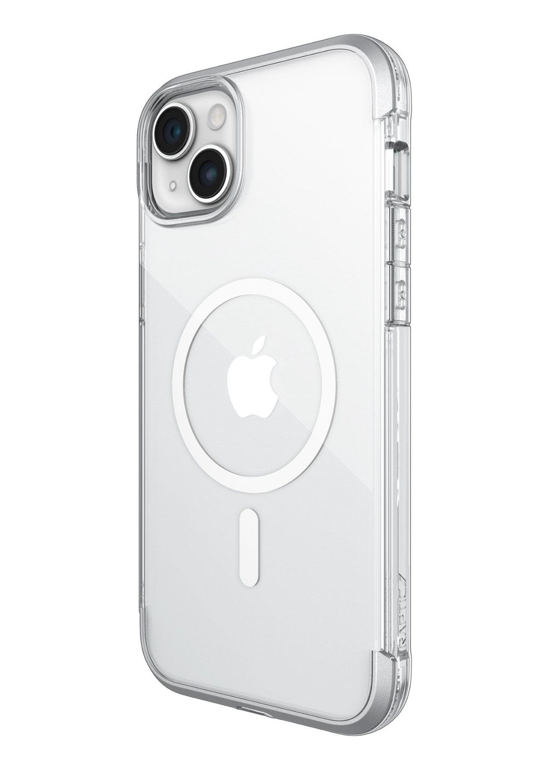 An iPhone 15 equipped with the Raptic Air 1.0 MagSafe Case, proudly displaying the Apple logo and unobstructed rear camera lenses. Designed by Raptic for the iPhone 15 series, this case features a circular MagSafe technology pattern and provides drop protection up to 4 metres.