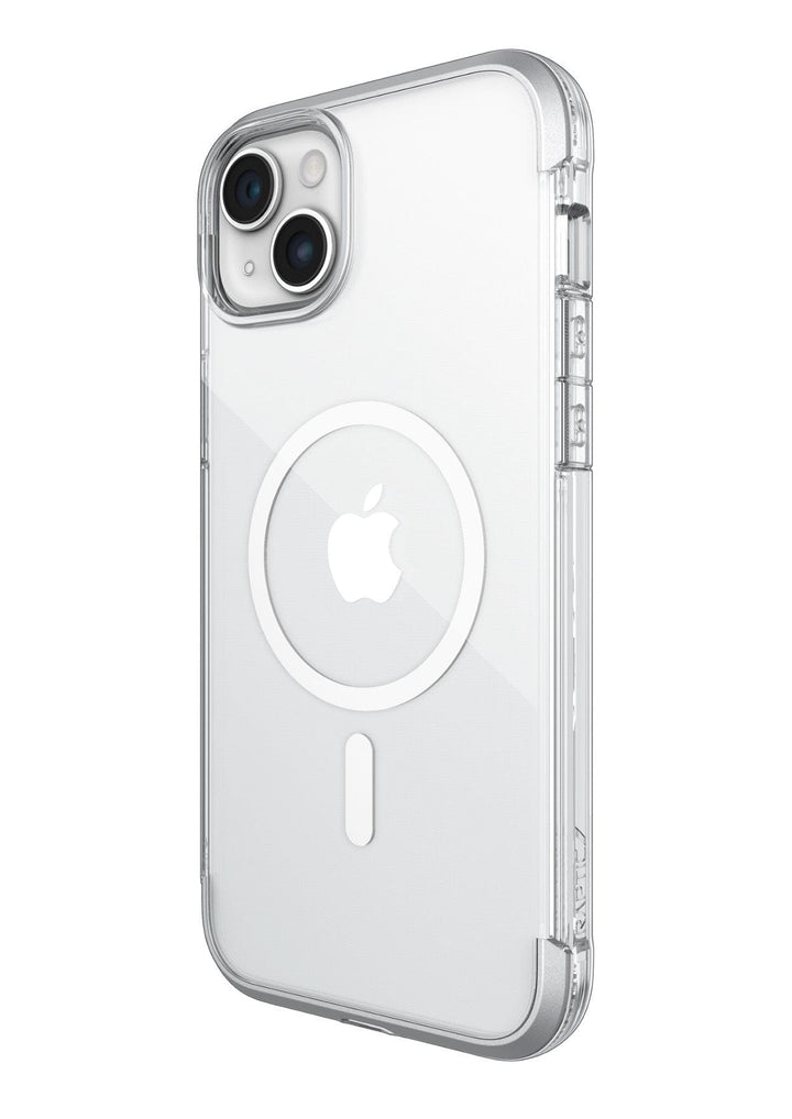 An iPhone 15 equipped with the Raptic Air 1.0 MagSafe Case, proudly displaying the Apple logo and unobstructed rear camera lenses. Designed by Raptic for the iPhone 15 series, this case features a circular MagSafe technology pattern and provides drop protection up to 4 metres.
