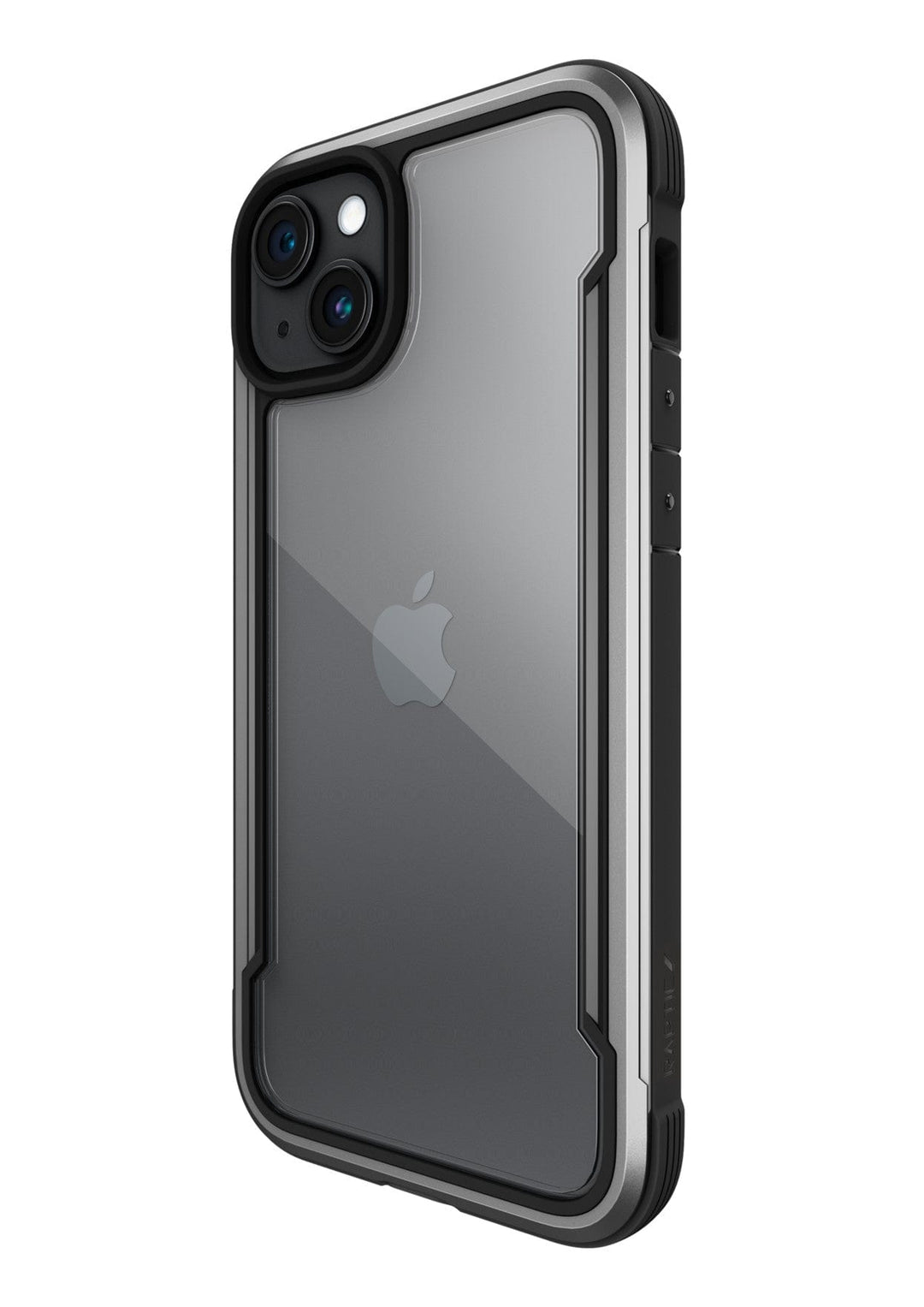 A black and grey smartphone showing the back side, featuring a dual camera setup and the Apple logo, encased in a Raptic Shield iPhone 15 Case that boasts MIL-STD-810G standards and 3-metre drop protection.