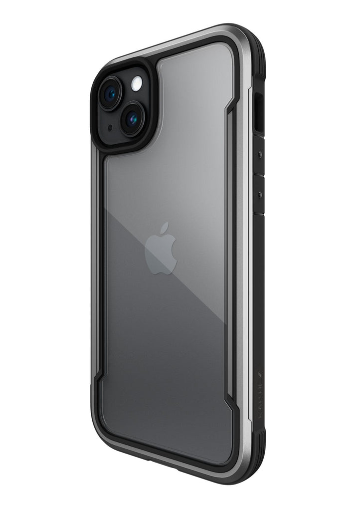 A black and grey smartphone showing the back side, featuring a dual camera setup and the Apple logo, encased in a Raptic Shield iPhone 15 Case that boasts MIL-STD-810G standards and 3-metre drop protection.