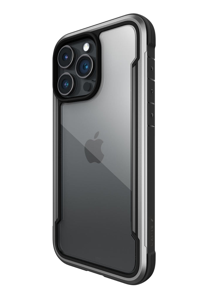 A modern Raptic Shield iPhone 15 Case with a transparent protective cover showcases triple rear cameras and an Apple logo, meeting MIL-STD-810G standards for 3-metre drop protection.