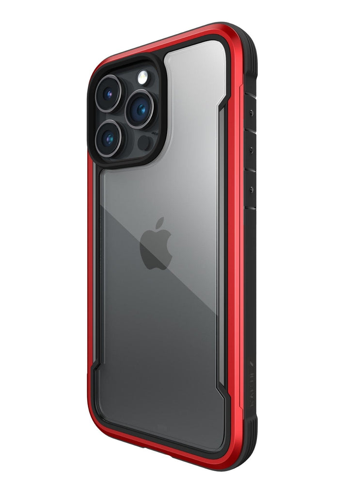 A Raptic Shield iPhone 15 Shield Case with a clear back cover and a red and black protective bumper case, displaying three rear camera lenses, built to MIL-STD-810G Standards for impressive 3-metre drop protection.