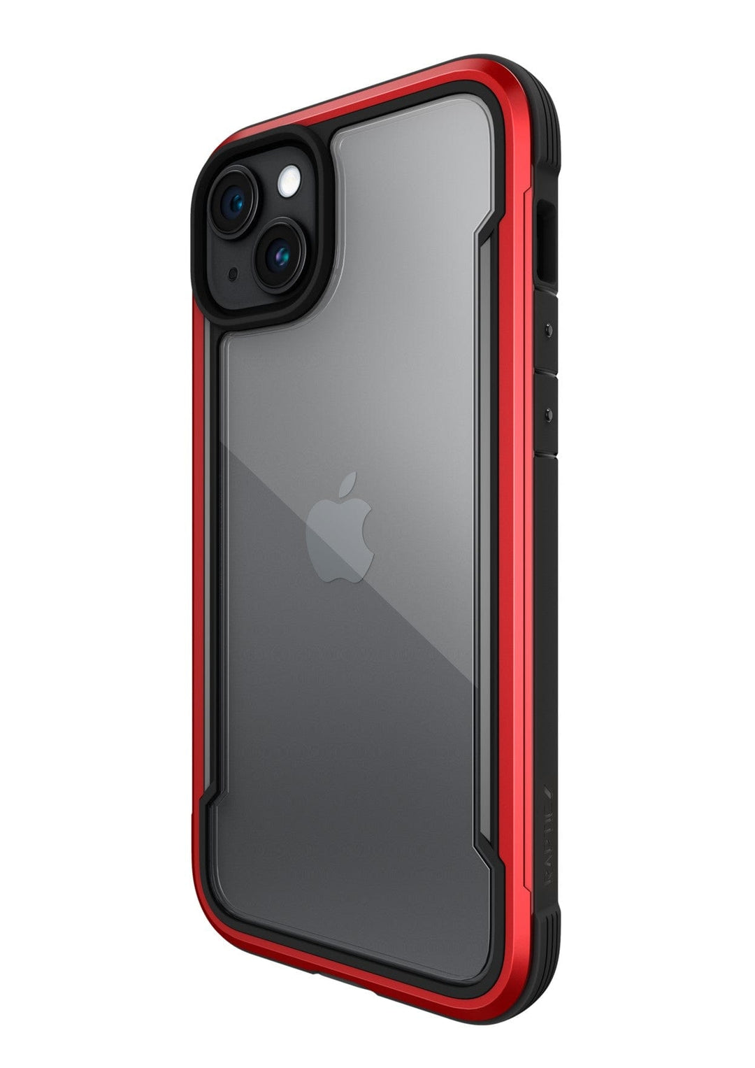 Raptic Shield iPhone 15 Case featuring a clear design with red and black edges, boasting 3-metre drop protection and meeting MIL-STD-810G Standards.