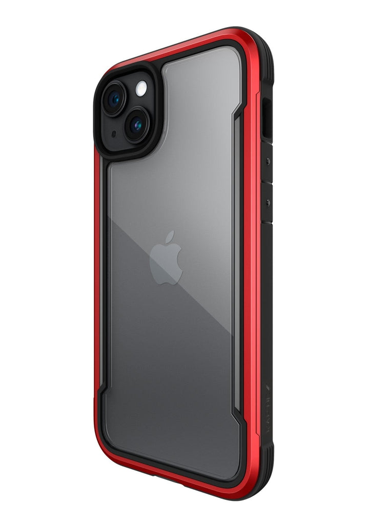 Raptic Shield iPhone 15 Case featuring a clear design with red and black edges, boasting 3-metre drop protection and meeting MIL-STD-810G Standards.