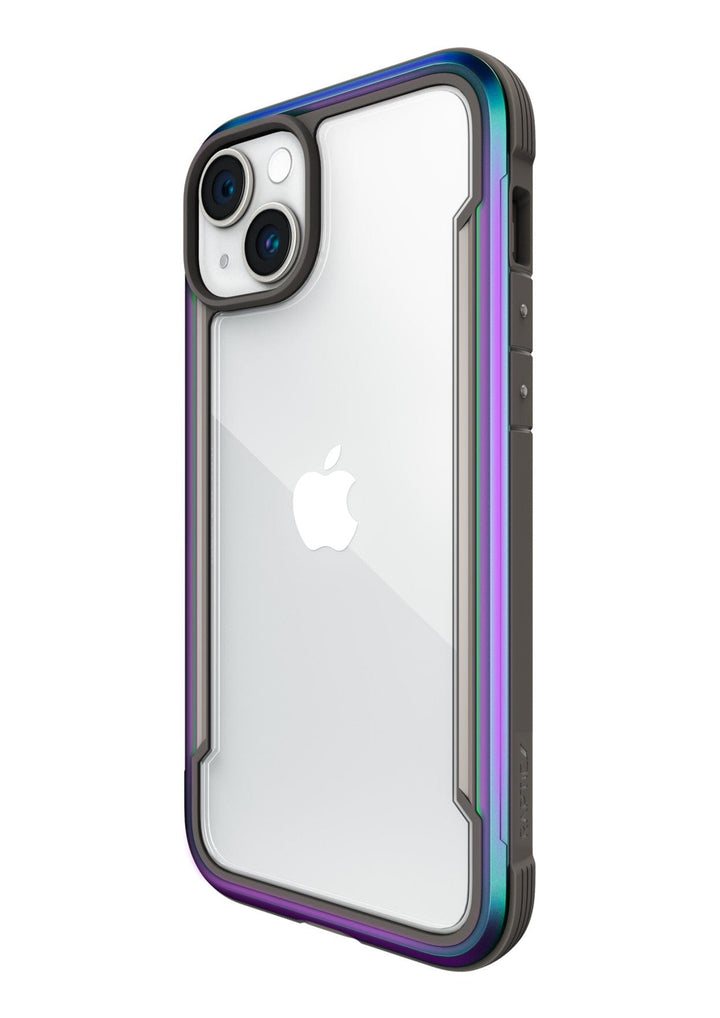 A clear Raptic Shield iPhone 15 Shield Case with a metallic, multicolored edge and cutouts for dual cameras and side buttons, displaying the Apple logo. Designed to meet MIL-STD-810G standards, it offers 3-metre drop protection.