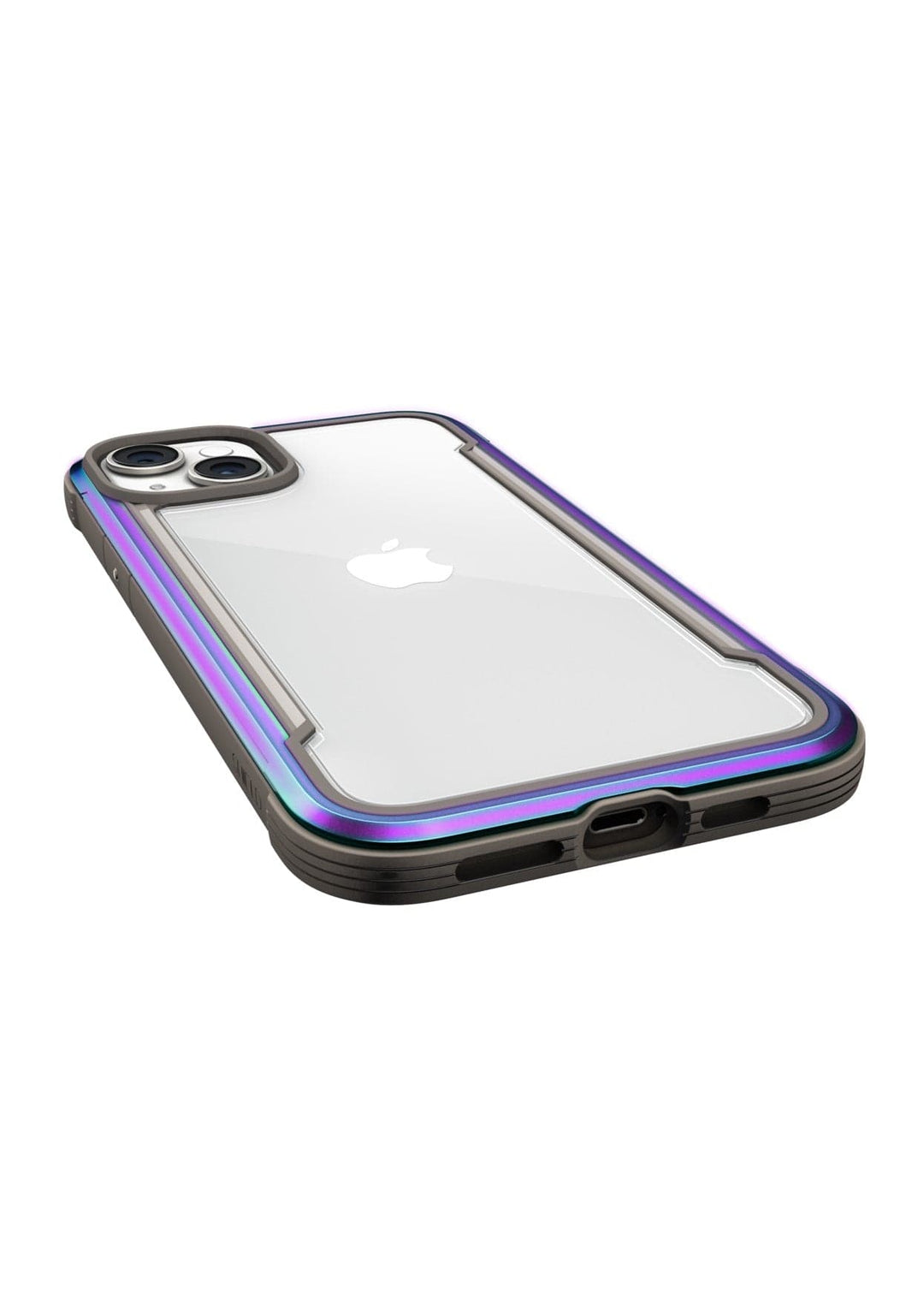 A clear phone case with a purple-tinted border, showing a white phone inside and featuring dual camera lenses. The Raptic Shield iPhone 15 Shield Case is engineered with 3-metre drop protection and meets MIL-STD-810G Standards.