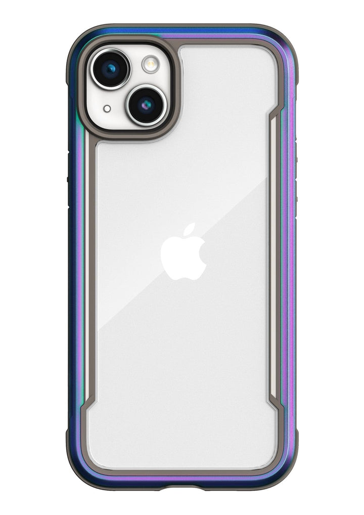 The Raptic Shield iPhone 15 Case features a clear design with a multicolored border, showcasing the Apple logo on the back of an iPhone with dual rear cameras. This case meets MIL-STD-810G standards and offers 3-metre drop protection for ultimate durability.