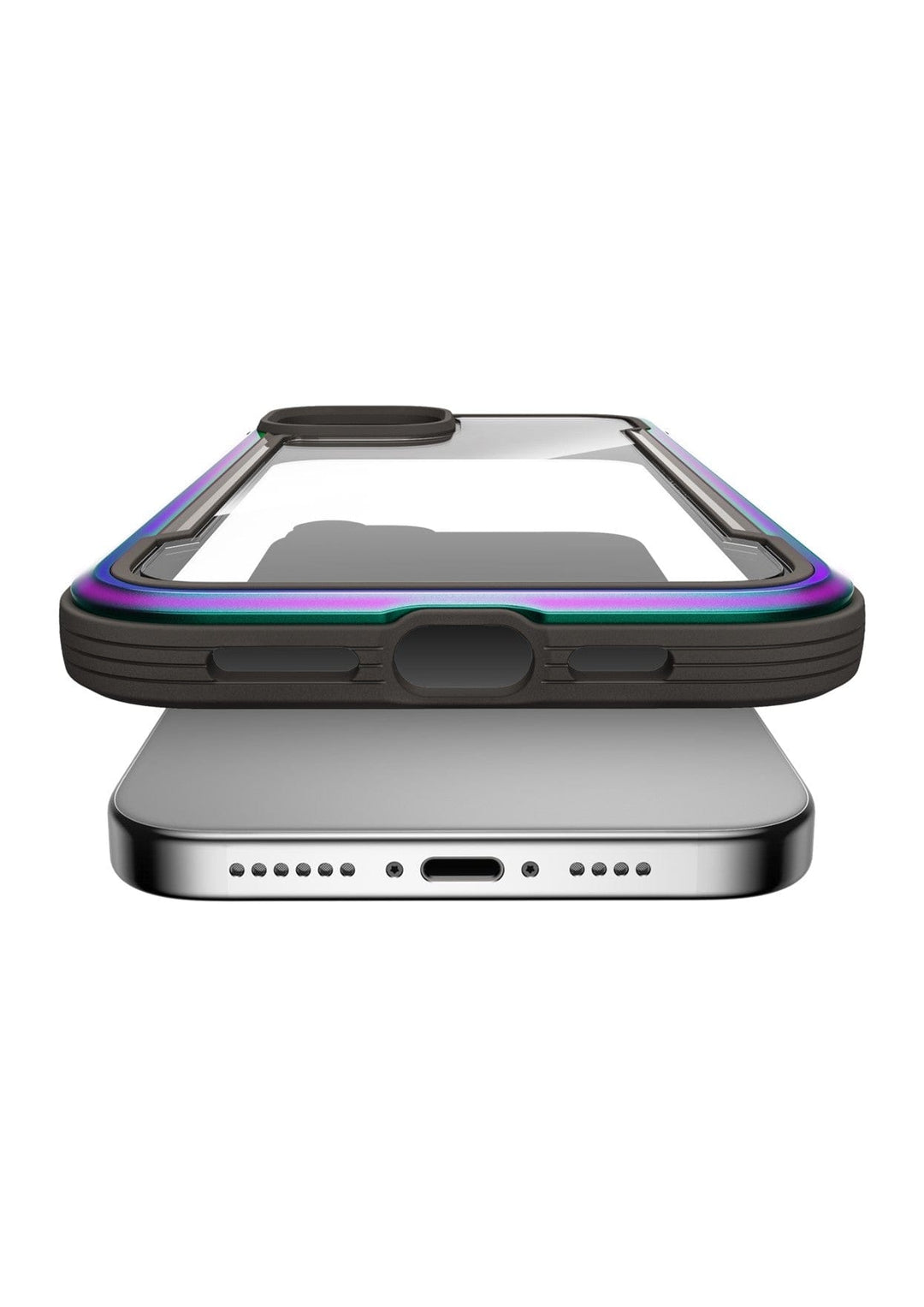 A smartphone with a Raptic Shield iPhone 15 Case is positioned above a wireless charging pad. The phone has a colorful protective case that offers 3-metre drop protection, and the charging pad is silver with a centered charging port.