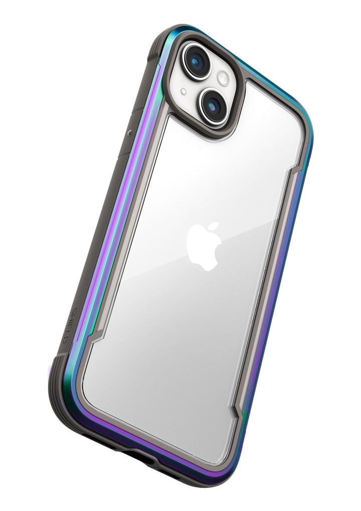 A close-up of a Raptic Shield iPhone 15 Case with a transparent design and metallic edges, showcasing dual rear cameras and the Apple logo on the back. Built to MIL-STD-810G standards, it offers 3-metre drop protection for enhanced durability.