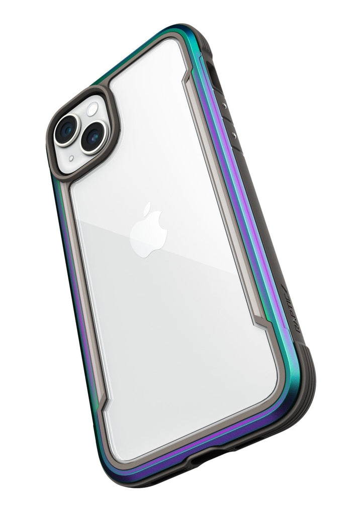 A smartphone with a clear back cover featuring colored edges and dual rear cameras, protected by the Raptic Shield iPhone 15 Case that meets MIL-STD-810G Standards for 3-metre drop protection.