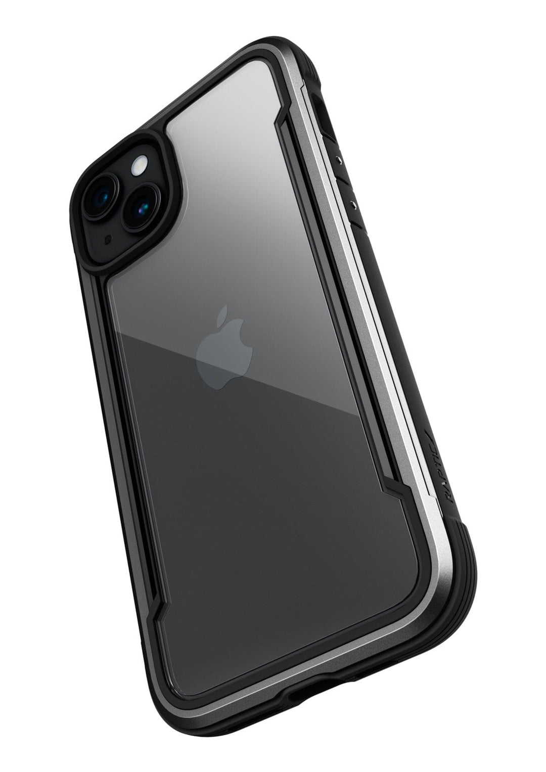 A black iPhone with a transparent Raptic Shield iPhone 15 Case, proudly displaying the Apple logo and dual camera lenses, offers MIL-STD-810G standards for ultimate durability along with 3-metre drop protection.