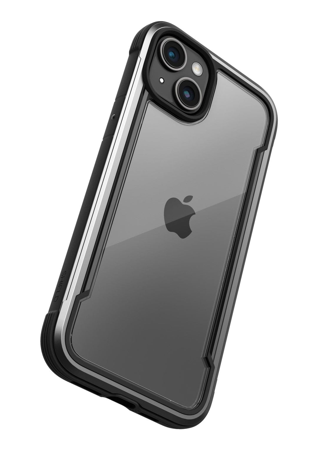A smartphone with a black and clear Raptic Shield iPhone 15 Case, featuring dual rear cameras and the Apple logo on the back, offering 3-metre drop protection and meeting MIL-STD-810G Standards.