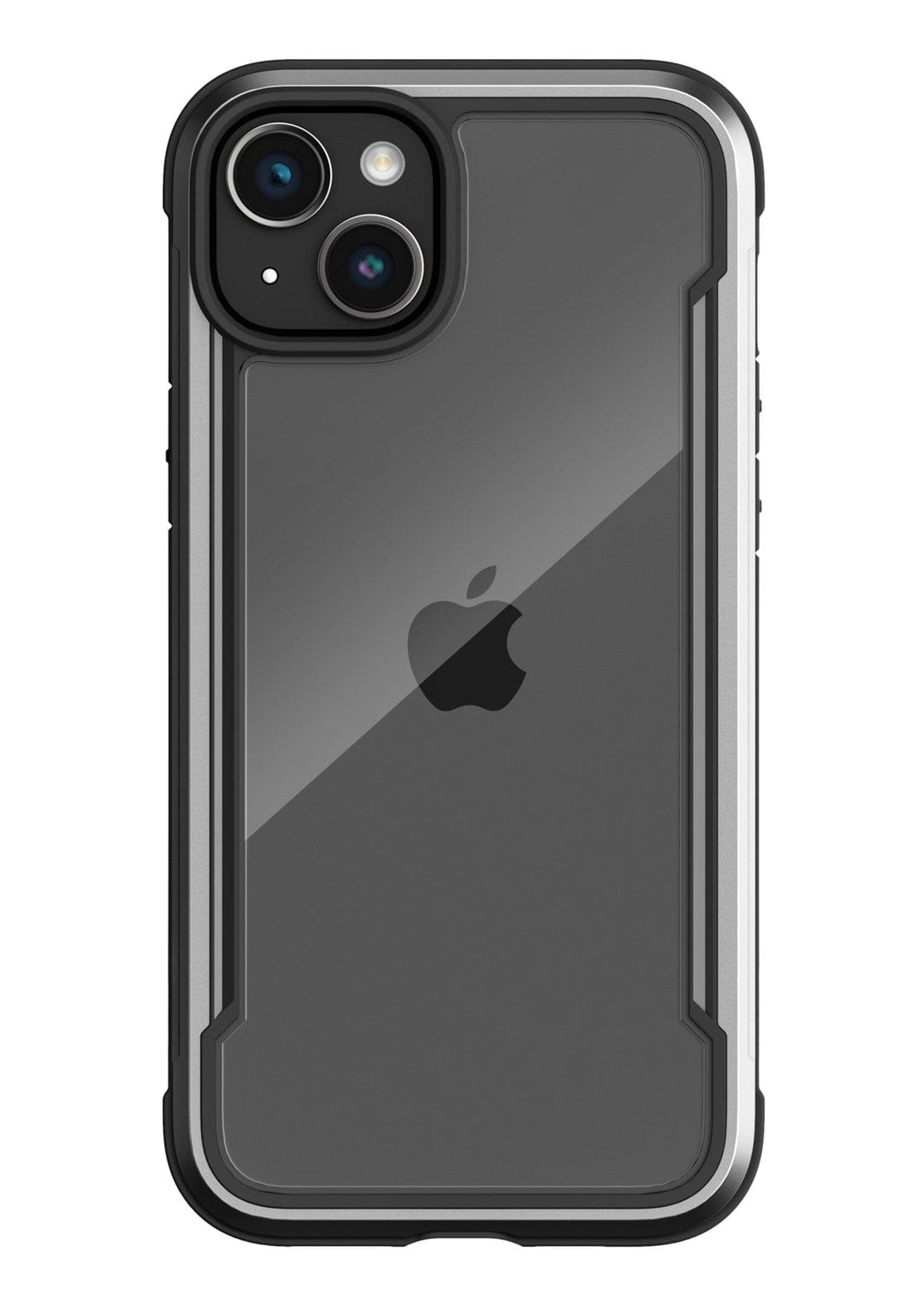A black iPhone 15 in a clear Raptic Shield iPhone 15 Case with a visible rear dual camera and the Apple logo, boasting MIL-STD-810G standards for durability and 3-metre drop protection.