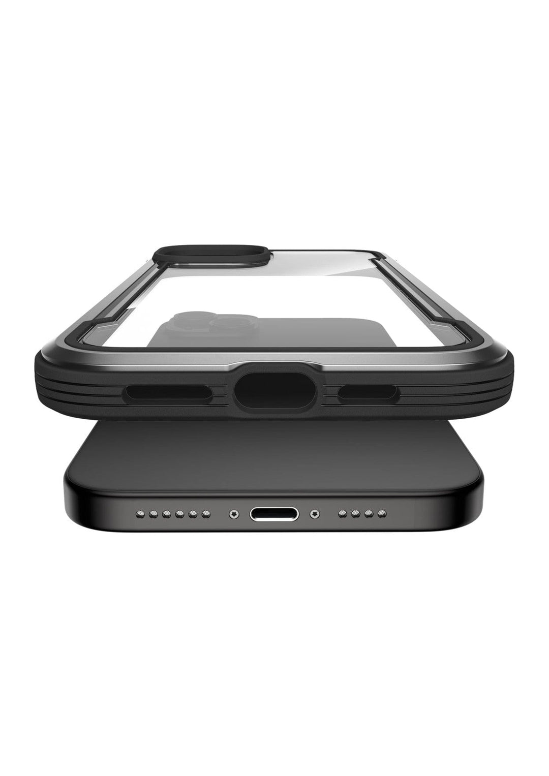 A smartphone with a Raptic Shield iPhone 15 Case is shown from the bottom, displaying the charging port and speaker grills. Positioned above a wireless charging pad, this case meets MIL-STD-810G standards and provides 3-metre drop protection for ultimate durability.