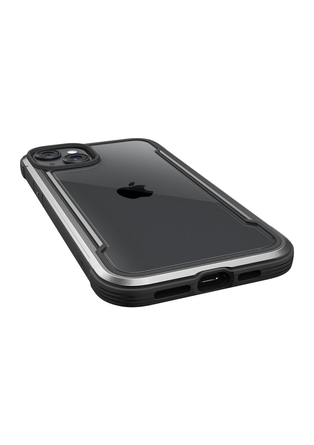 A black iPhone 15 in a protective clear Raptic Shield iPhone 15 Case with metallic edges is lying flat, showing its back with dual camera lenses and an Apple logo, offering 3-metre drop protection and meeting MIL-STD-810G Standards.