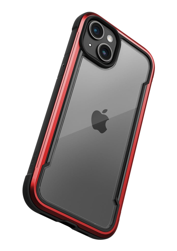The Raptic Shield iPhone 15 Case is a transparent smartphone case with a black and red frame, providing MIL-STD-810G standards for durability and 3-metre drop protection, while showcasing the Apple logo.