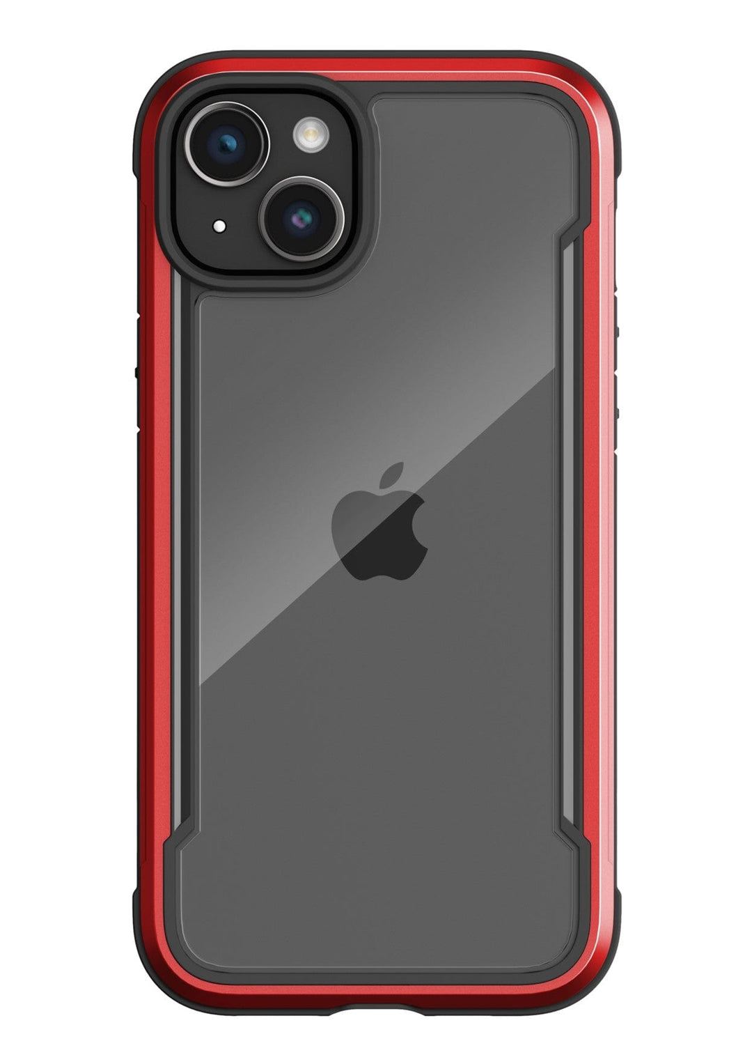 A smartphone in a black and red Raptic Shield iPhone 15 Case with visible Apple logo on the back. The device boasts dual camera lenses and a flash, while offering 3-metre drop protection and meeting MIL-STD-810G Standards for durability.