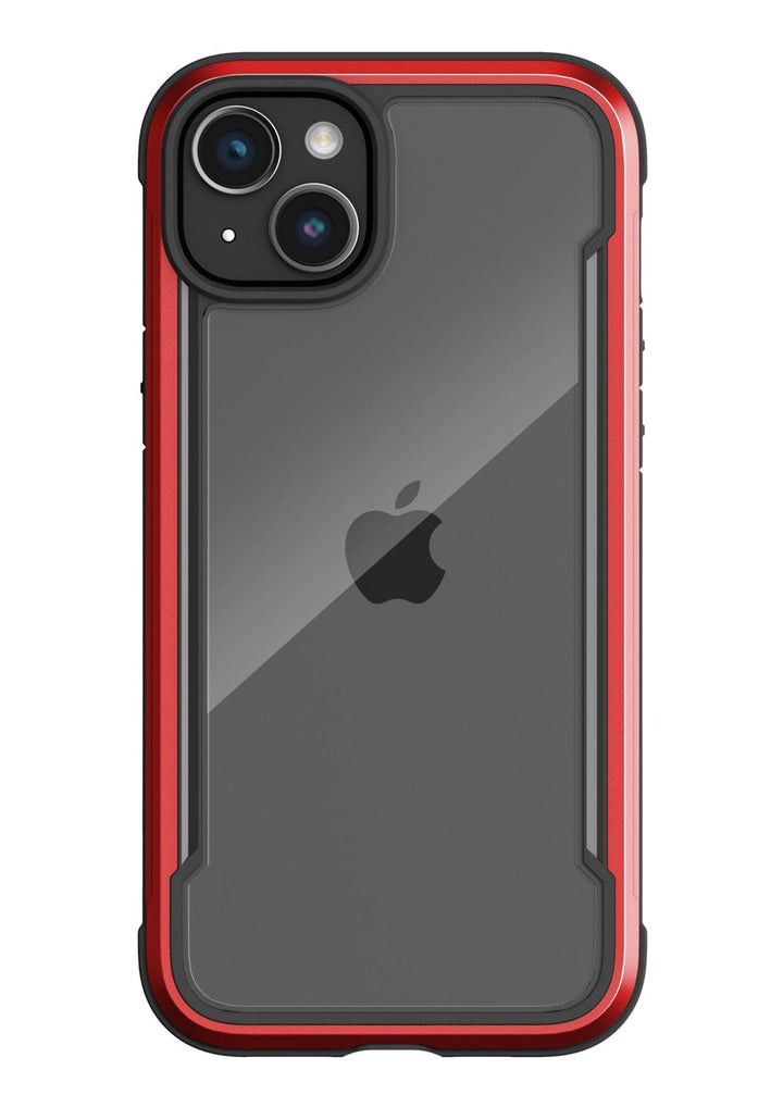 A smartphone in a black and red Raptic Shield iPhone 15 Case with visible Apple logo on the back. The device boasts dual camera lenses and a flash, while offering 3-metre drop protection and meeting MIL-STD-810G Standards for durability.