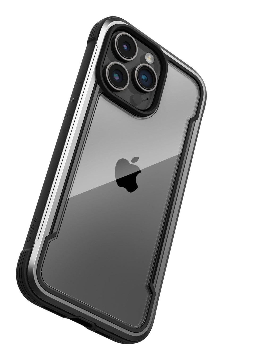 A Raptic Shield iPhone 15 Shield Case with a clear protective case, featuring three rear cameras and the Apple logo, and offering 3-metre drop protection that meets MIL-STD-810G Standards.