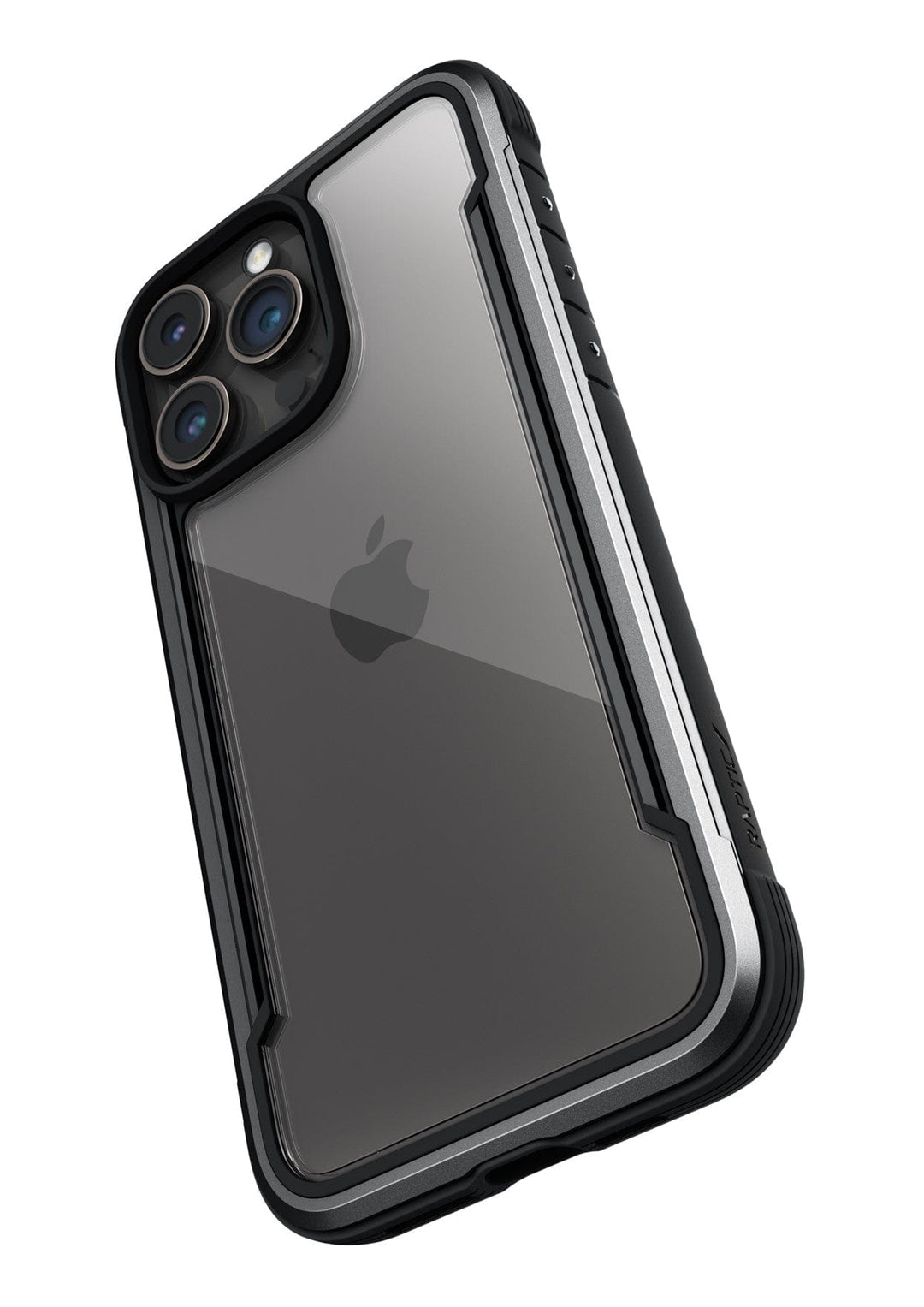 A smartphone with a clear back case featuring reinforced corners and an Apple logo is shown angled slightly from behind. The Raptic Shield iPhone 15 Case, built to MIL-STD-810G Standards, offers 3-metre drop protection and has three camera lenses on its upper left corner.