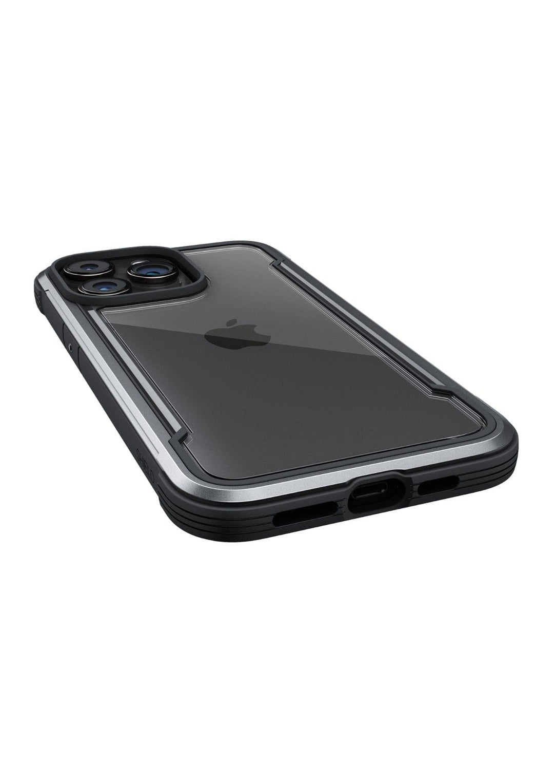 A smartphone with a clear protective case showing the back with the Apple logo and camera module, designed to meet MIL-STD-810G standards. The Raptic Shield iPhone 15 Case offers robust protection, including 3-metre drop protection, ensuring your device stays safe and stylish.