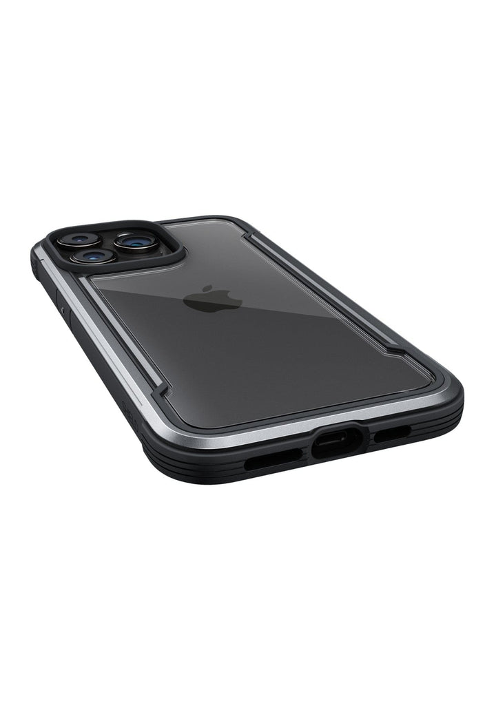 A smartphone with a clear protective case showing the back with the Apple logo and camera module, designed to meet MIL-STD-810G standards. The Raptic Shield iPhone 15 Case offers robust protection, including 3-metre drop protection, ensuring your device stays safe and stylish.
