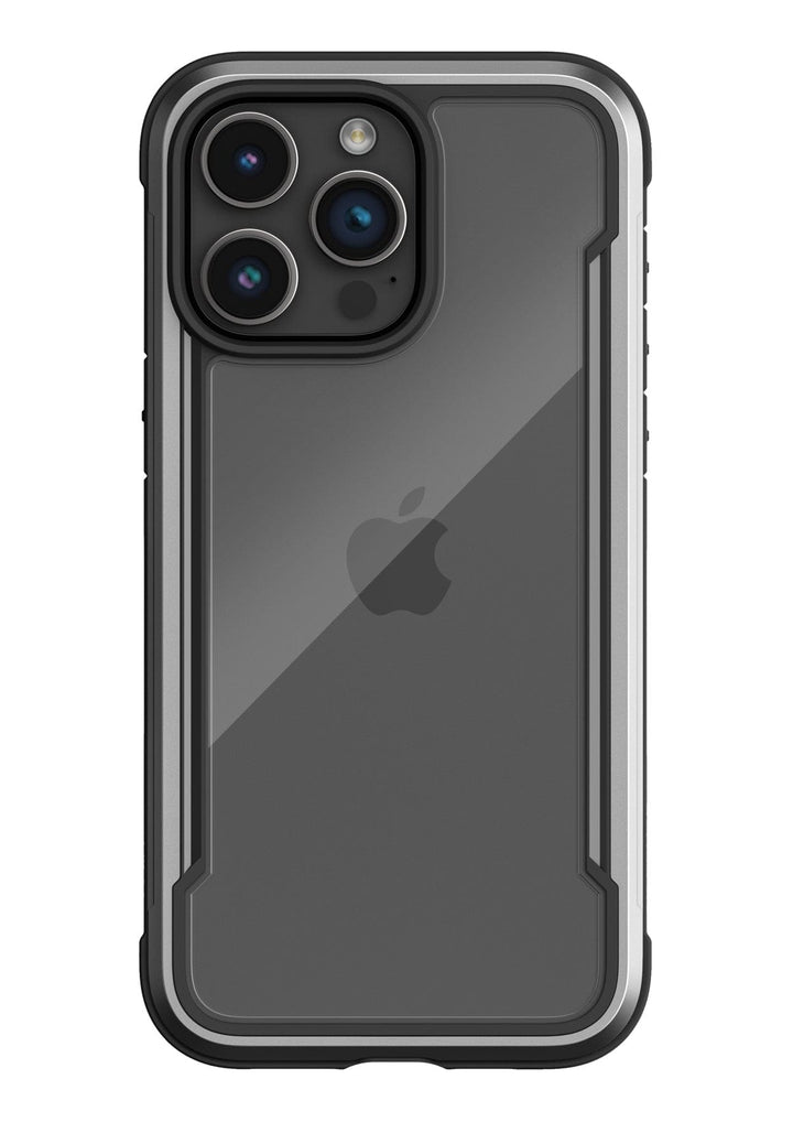 Back view of a black smartphone with three cameras, enclosed in a Raptic Shield iPhone 15 Case featuring MIL-STD-810G Standards and 3-metre drop protection, displaying the Apple logo through the durable, transparent protective case.