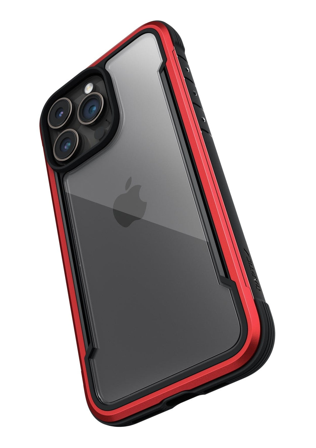 Introducing the Raptic Shield iPhone 15 Shield Case: a smartphone with a transparent black protective case featuring a red border, three rear cameras, and MIL-STD-810G Standards for ultimate durability.
