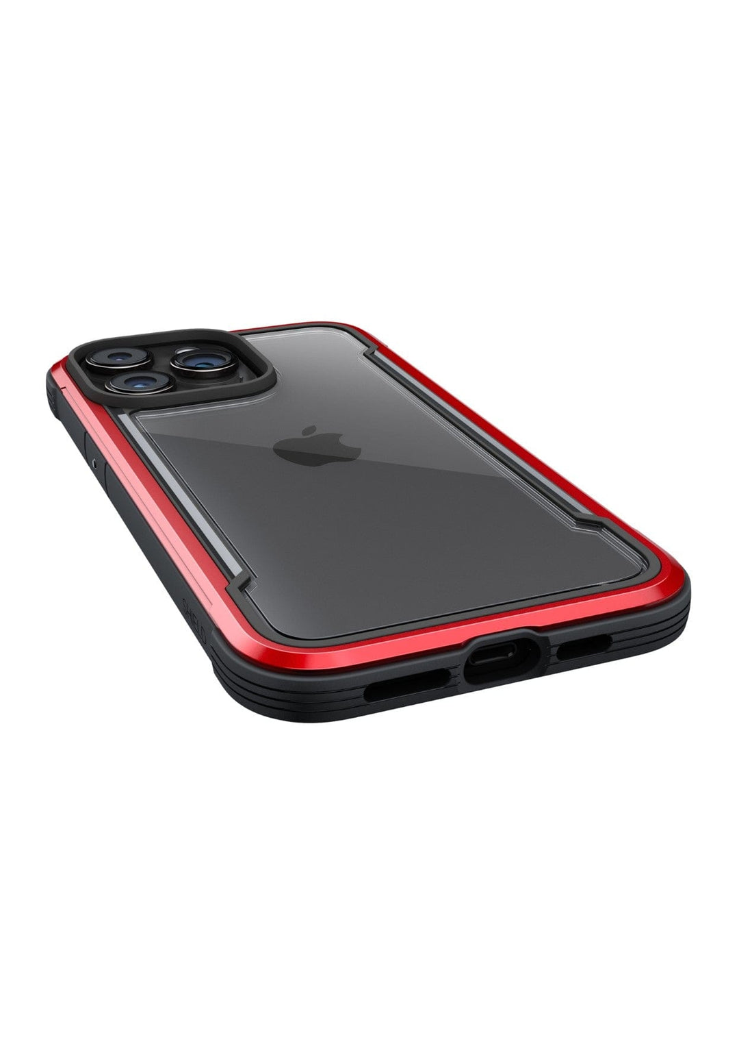 A smartphone with a black and red Raptic Shield iPhone 15 Case, viewed from an angle showing the camera lenses and charging port. This rugged case meets MIL-STD-810G Standards, offering exceptional 3-metre drop protection.