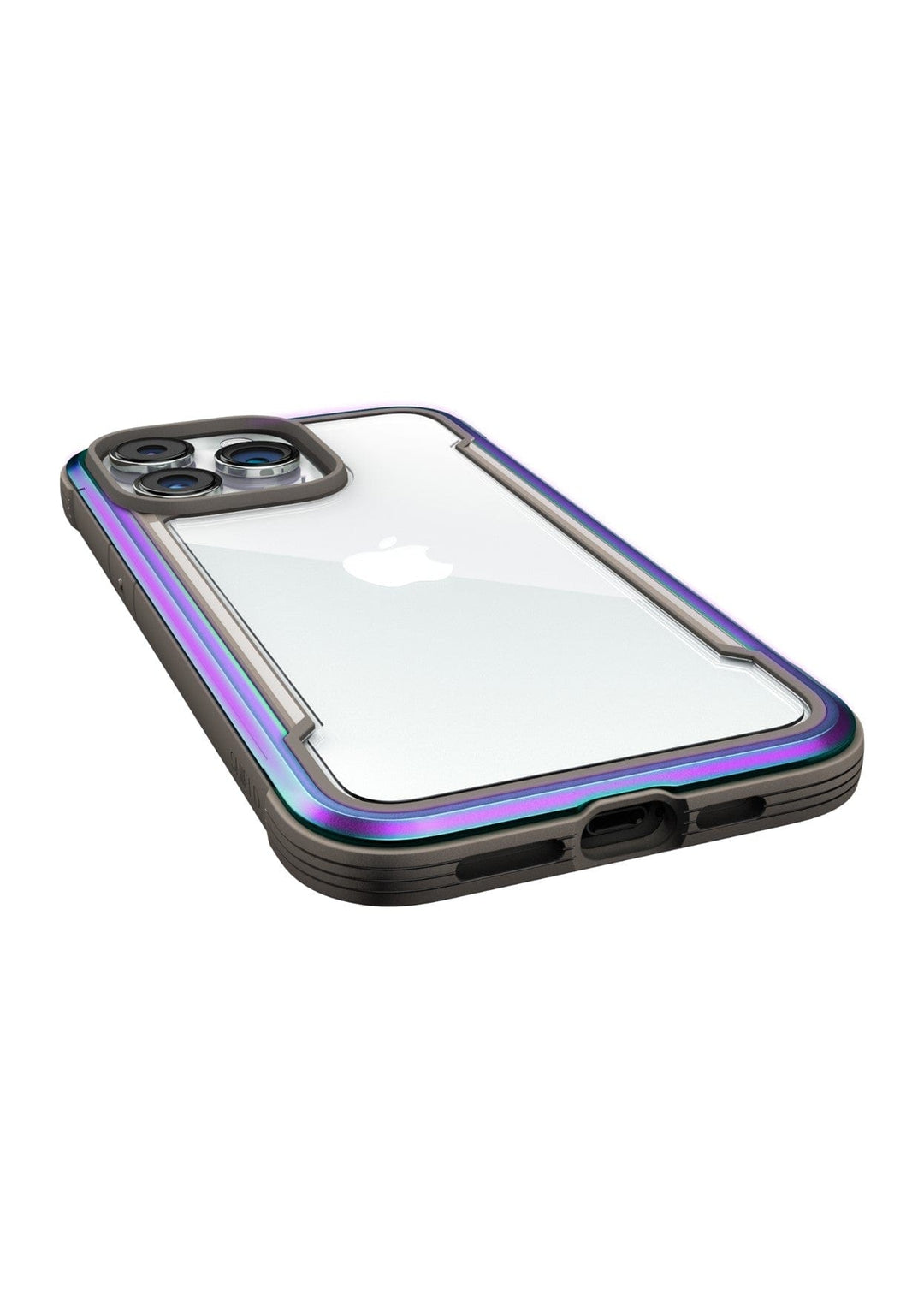 A smartphone with a transparent protective case is shown from the back, highlighting the triple camera setup and Apple logo. The Raptic Shield iPhone 15 Case boasts a metallic frame with a gradient color and meets MIL-STD-810G Standards for 3-metre drop protection.