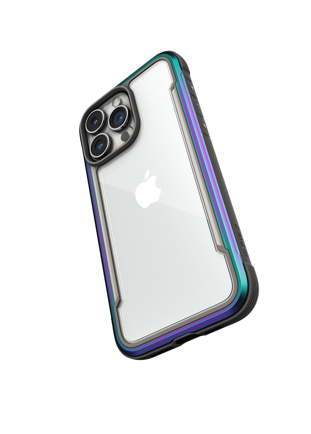 The Raptic Shield iPhone 15 Case features a transparent design with black edges, flaunting a metallic blue and purple gradient. It showcases three rear cameras and the Apple logo, all while offering 3-metre drop protection and meeting MIL-STD-810G Standards.