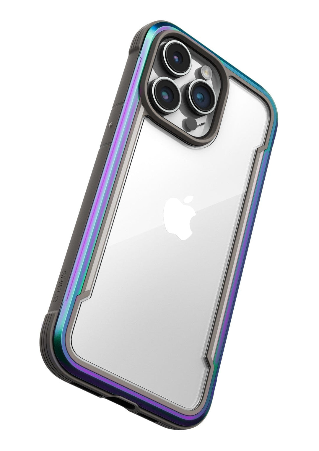 A clear Raptic Shield iPhone 15 Case with a black and iridescent border, featuring a cutout for three camera lenses and a side button. Shown from the back with an Apple logo visible, this case meets MIL-STD-810G Standards and offers 3-metre drop protection.