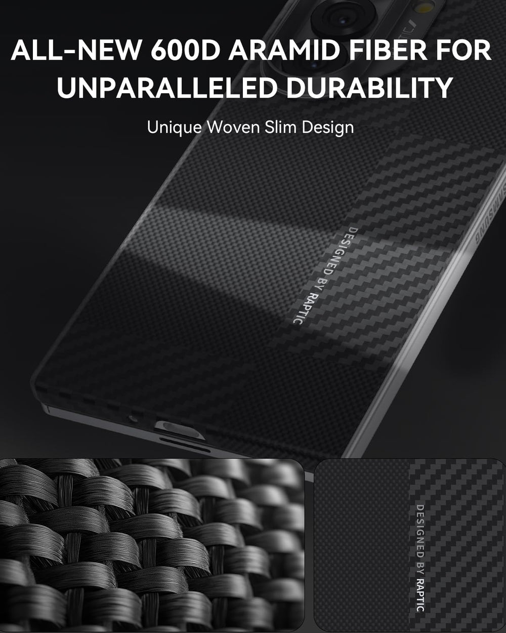 Close-up of the RAPTIC Samsung Galaxy Fold 7 Skin Case featuring a carbon fiber-like 600D aramid fibre texture. Insets highlight woven fiber details, MagSafe compatibility, and "DESIGNED BY RAPTIC" branding for superior durability.