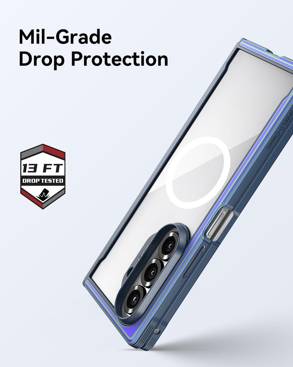 A Samsung Galaxy Fold 7 in a blue and clear RAPTIC Shield Iridescent case is shown at an angle. Text reads “Mil-Grade Drop Protection” with a shield icon stating “13 FT Drop Tested.” The MagSafe compatible case reveals the triple camera and charging ring.