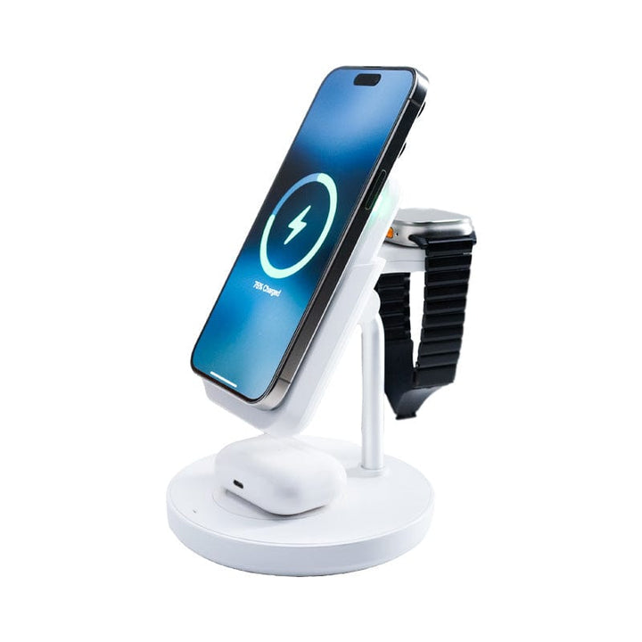 The Urban 6-in-1 MagSafe M6 Wireless Charger Station by Urban is showcased. It features a smartphone with a charging icon on the screen, a smartwatch neatly placed on the charger's arm, and a pair of wireless earbuds in their case on the base—each device charging simultaneously. This innovative charger also includes an iPhone-compatible magnetic case.