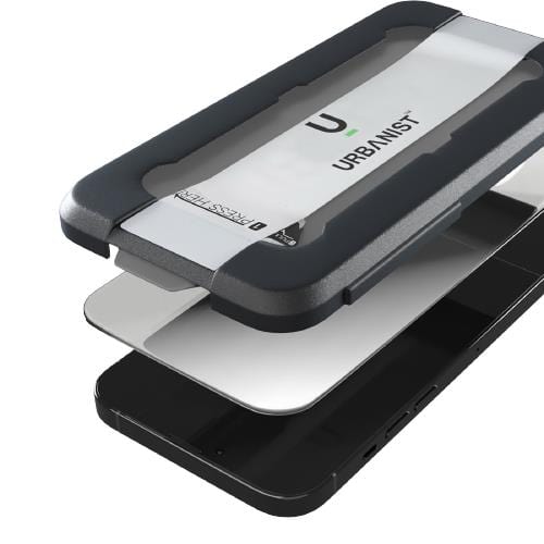 A layered view of the Urban iPhone 15 Series Screen Protector - Crystal by Urban, featuring a black protective case, white inner frame, and transparent shield made from 9H Japanese Asahi glass for easy installation.