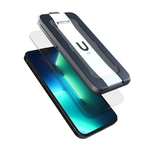 The Urban iPhone 15 Series Screen Protector - Crystal, made of 9H Japanese Asahi glass, being easily installed using an alignment tool.