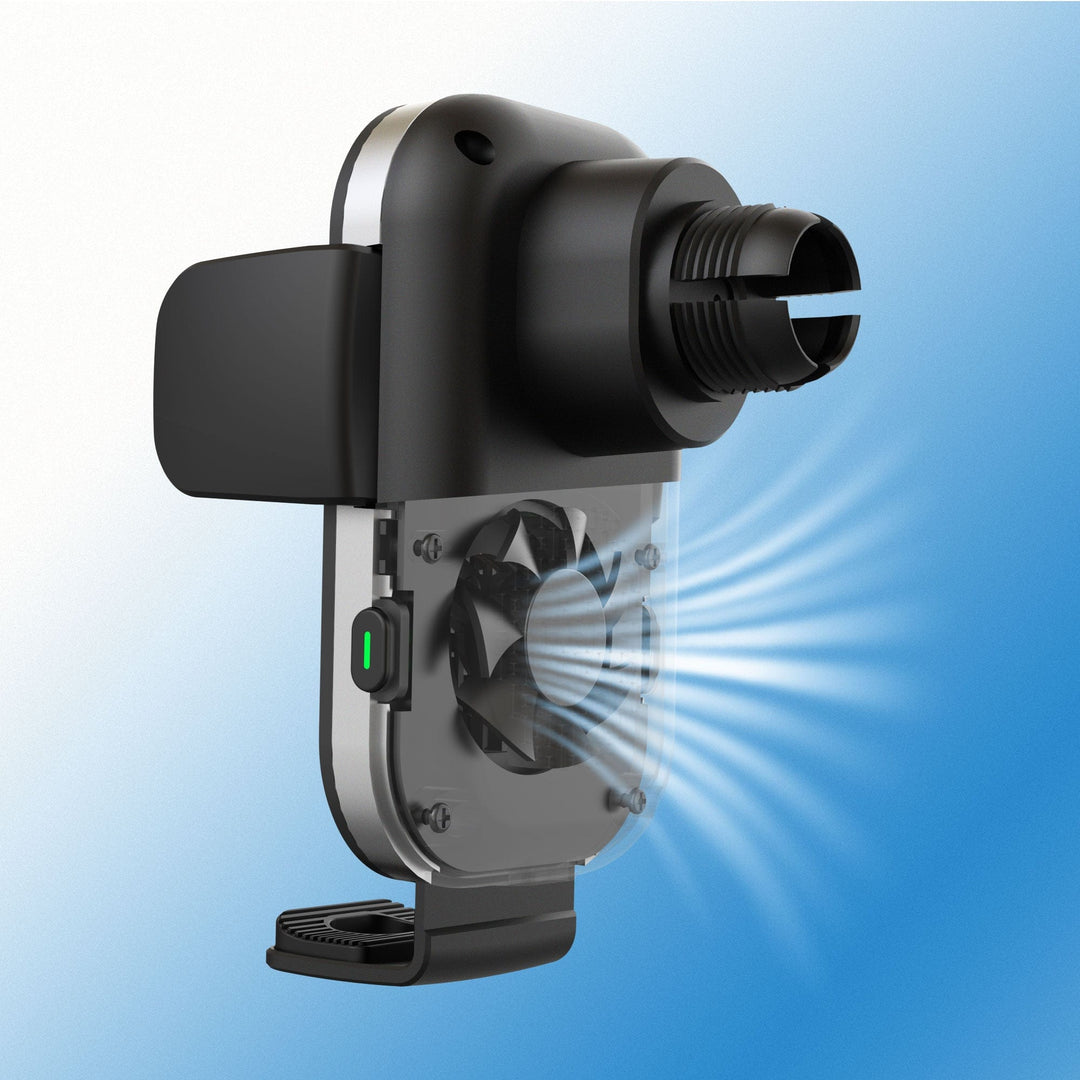 Urban's Auto15 Pro, part of the Urban Wireless Cooling Car Charger complete kit, is a sleek black smartphone radiator cooling fan. It features a visible internal fan and airflow depiction and is mounted on a phone holder against a gradient blue background. The setup also includes fast wireless charging for added convenience.