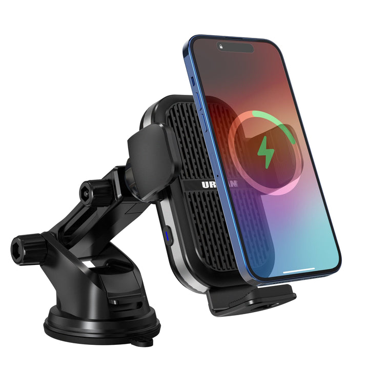 An Urban Wireless Cooling Car Charger - Auto15 Pro (Complete Kit) by Urban is depicted holding a smartphone. The black wireless car charger mount, equipped with fast wireless charging, shows the phone screen with a charging symbol. The mount features a suction base and an adjustable arm.