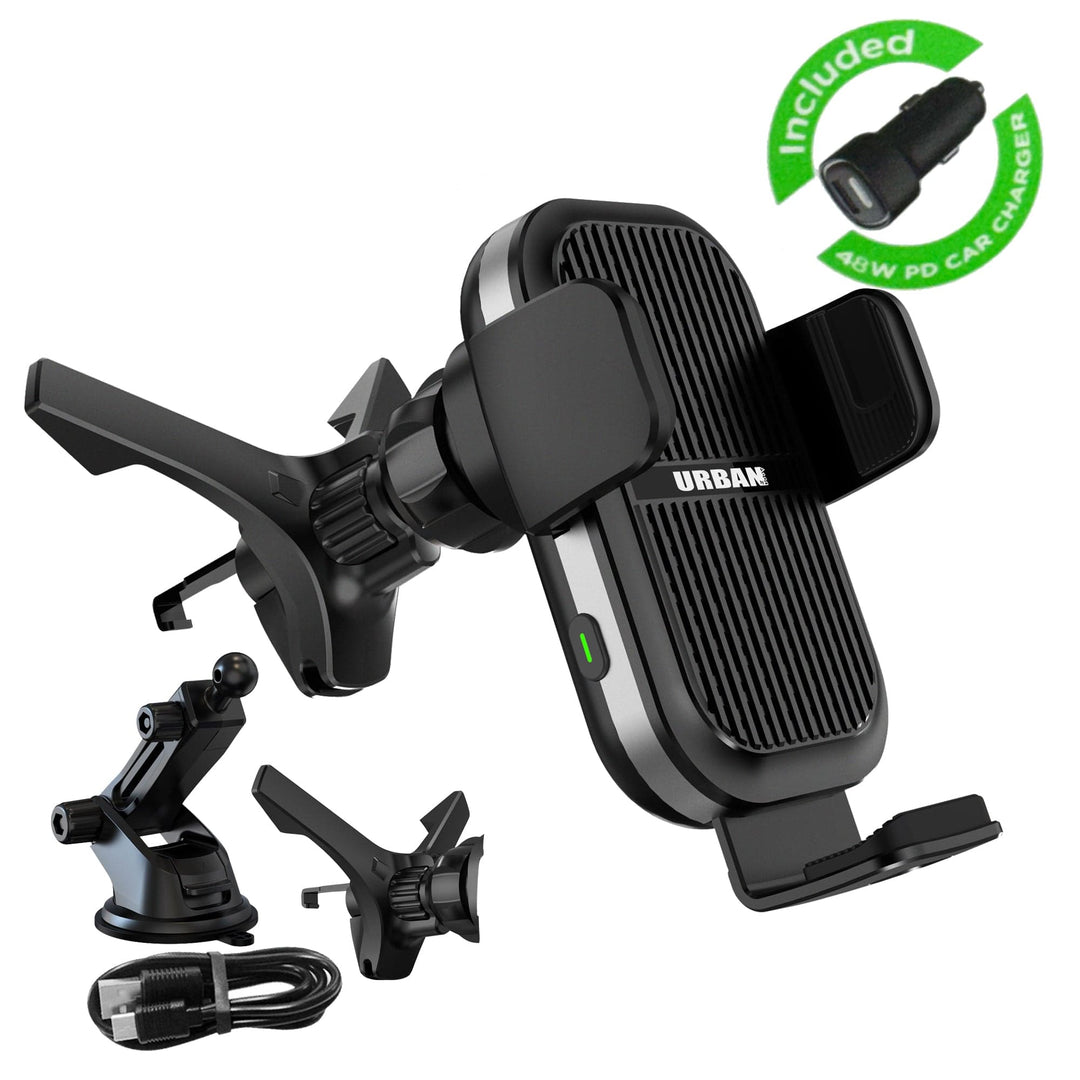 Image of an Urban Wireless Cooling Car Charger - Auto15 Pro (Complete Kit) by Urban, featuring a phone holder, adjustable mounting brackets, a power cable, and fast 45W PD wireless charging.