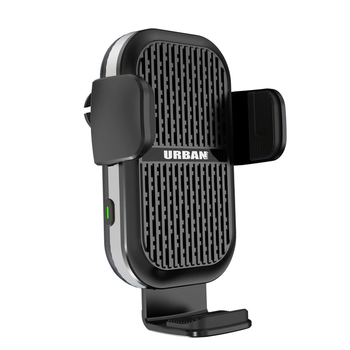 Introducing the Urban Wireless Cooling Car Charger - Auto15 Pro (Complete Kit), a black and gray phone holder equipped with adjustable grips, fast wireless charging capabilities, and a vented design, perfect for use in your vehicle.