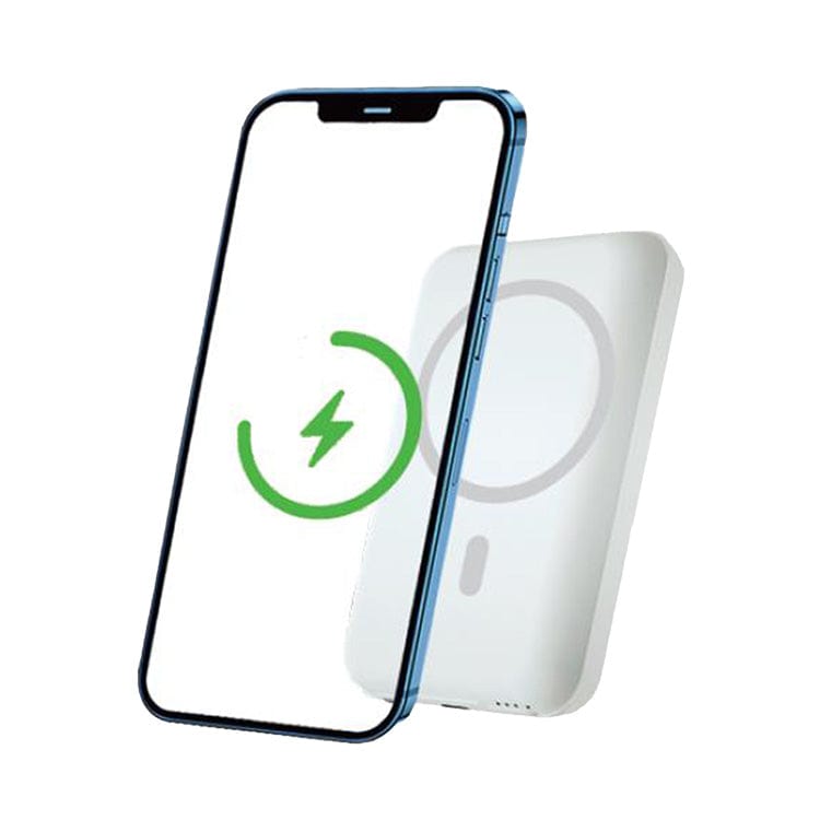 The Urban Wireless Standing MagSafe Power Bank - MagPower10 is placed beside a smartphone displaying a charging symbol on the screen, highlighting its seamless wireless charging capabilities.