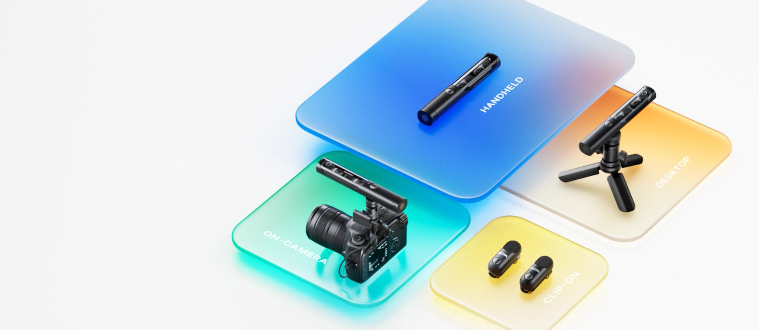 Four microphones are displayed: a handheld mic on a blue gradient pad, a desktop mic on a tripod on an orange pad, an on-camera mic on a camera on a green pad, and clip-on mics on a yellow pad.